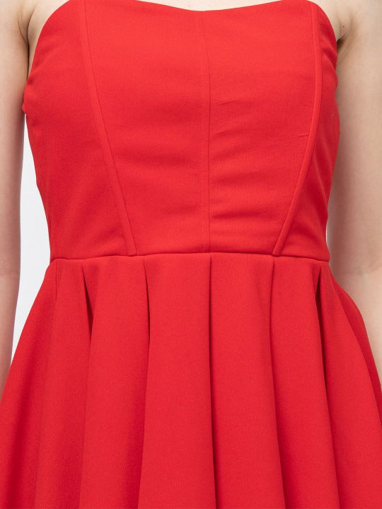 Women Red Solid Strapless Fit & Flare Party Dress