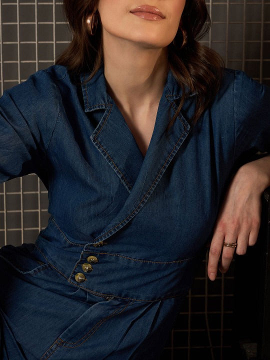 Women Shirt Collar Denim Basic Jumpsuit