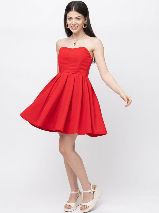 Women Red Solid Strapless Fit & Flare Party Dress