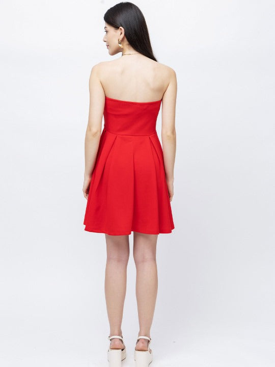 Women Red Solid Strapless Fit & Flare Party Dress