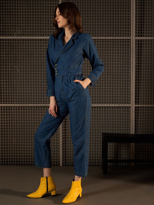 Women Shirt Collar Denim Basic Jumpsuit