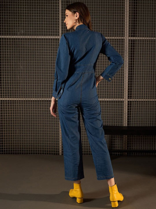 Women Shirt Collar Denim Basic Jumpsuit