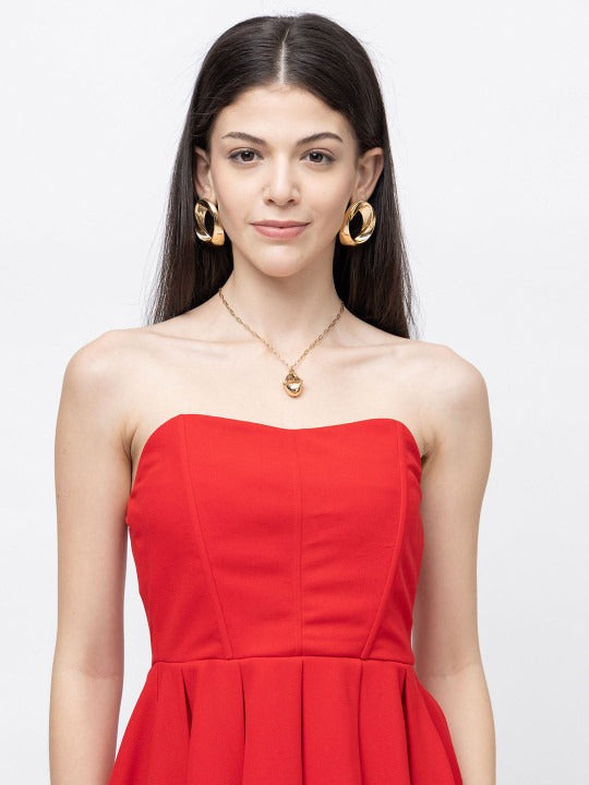 Women Red Solid Strapless Fit & Flare Party Dress