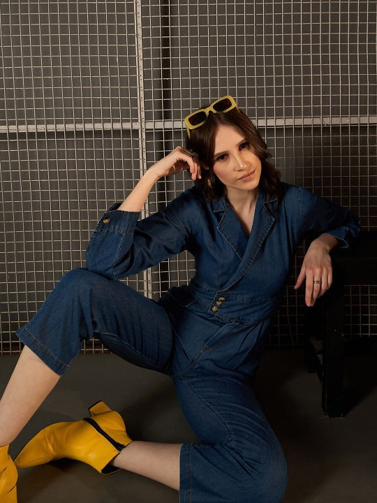 Women Shirt Collar Denim Basic Jumpsuit