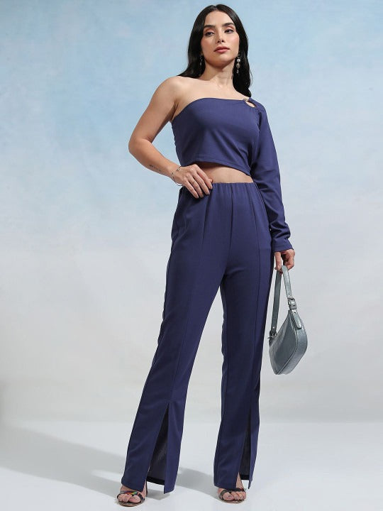 Navy Blue One Shoulder Knitted Top With Trousers