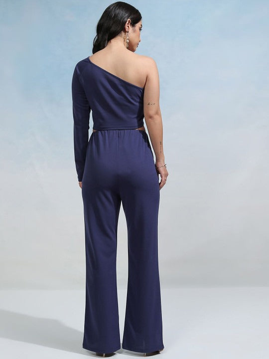 Navy Blue One Shoulder Knitted Top With Trousers