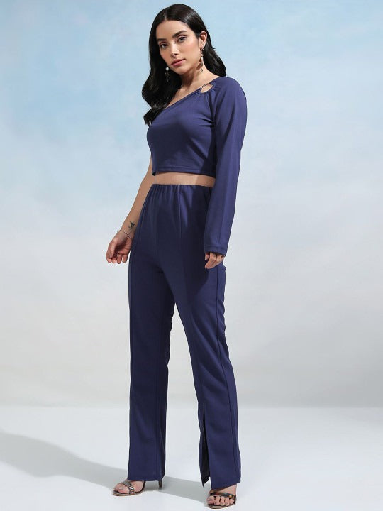 Navy Blue One Shoulder Knitted Top With Trousers