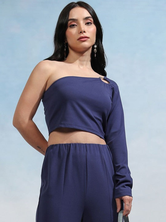 Navy Blue One Shoulder Knitted Top With Trousers