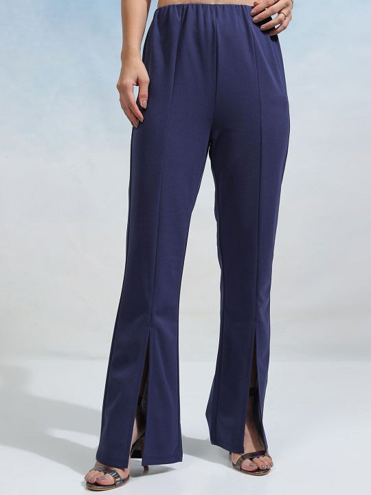 Navy Blue One Shoulder Knitted Top With Trousers