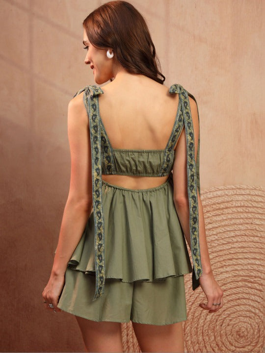 Green and Olive Green Solid Playsuit with Layered
