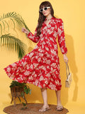Women Fit and Flare Red, White Below Knee Dress