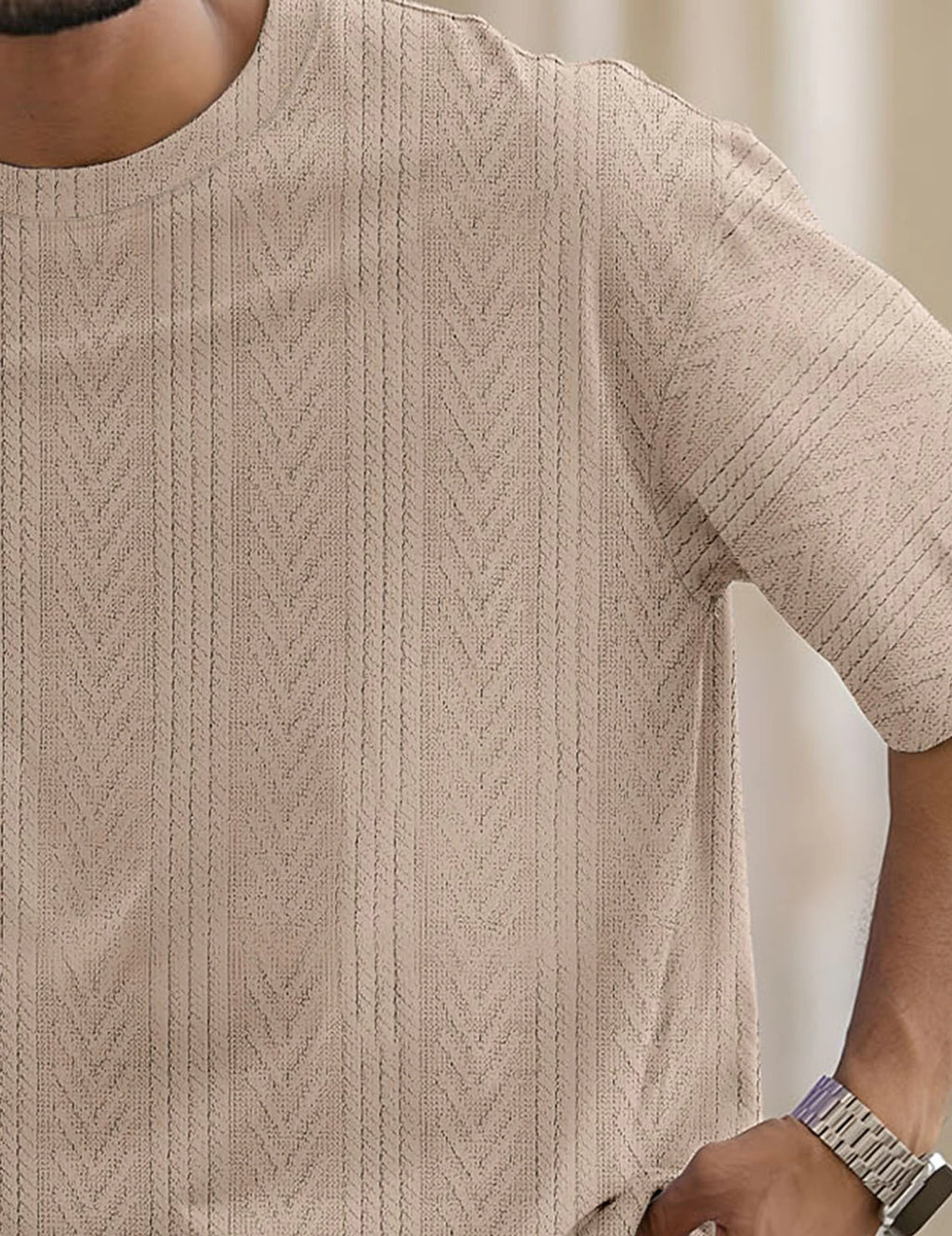 Beige Men Self Design Round Neck Polyester