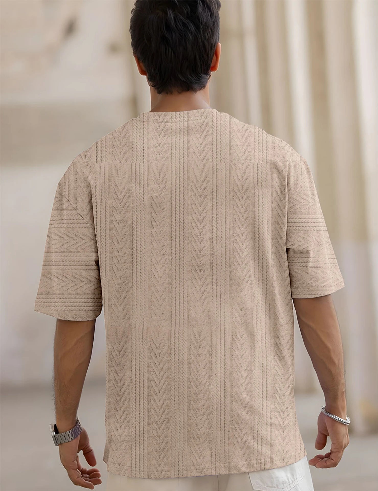 Beige Men Self Design Round Neck Polyester