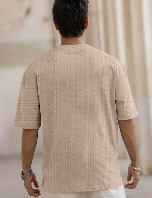 Beige Men Self Design Round Neck Polyester