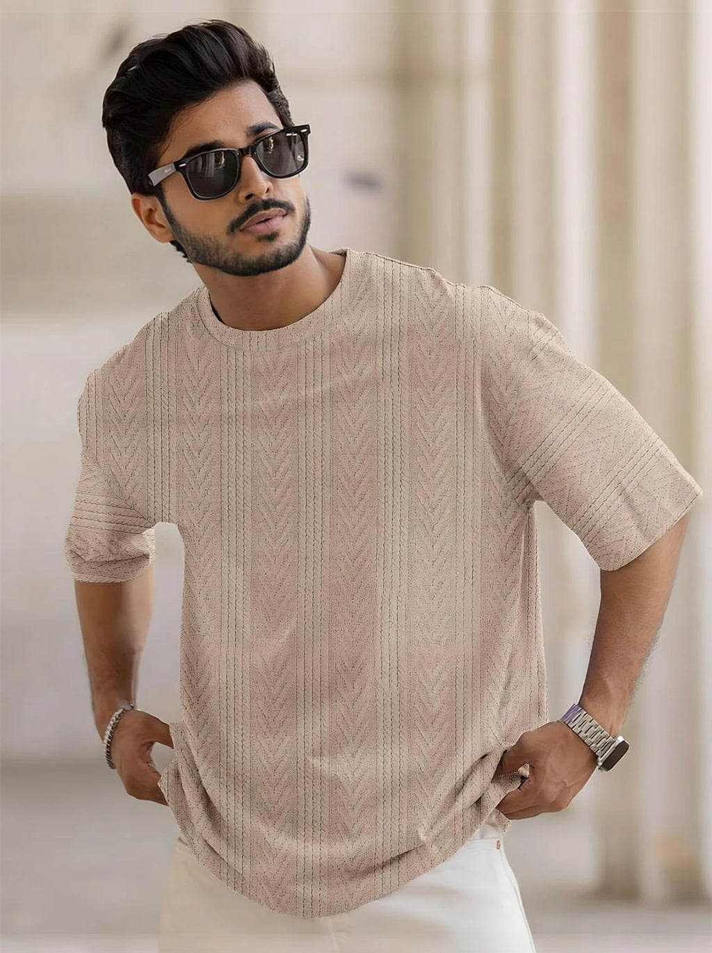 Beige Men Self Design Round Neck Polyester