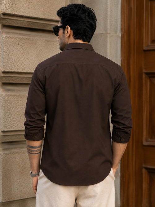 Brown Men Regular Fit Solid Spread Collar Casual Shirt
