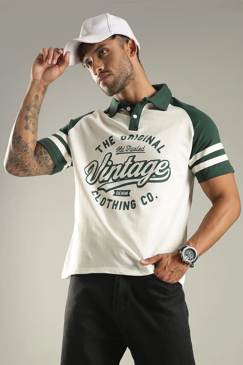 Men Printed Polo Neck Pure Cotton Dark Green Tshirt