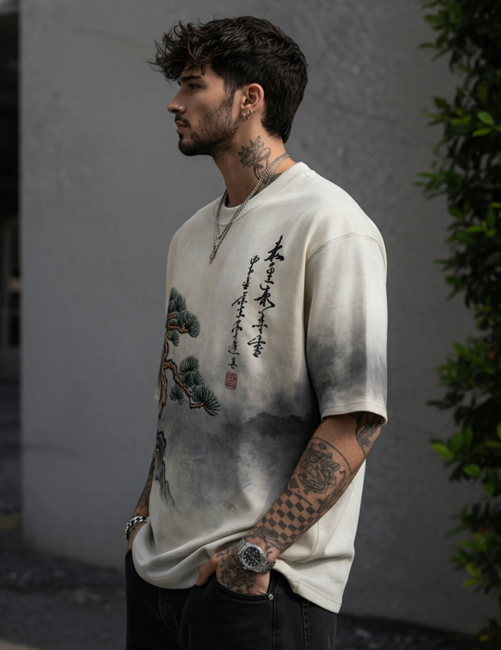 Men Printed Round Neck Cotton Blend White, Dark Green T-Shirt