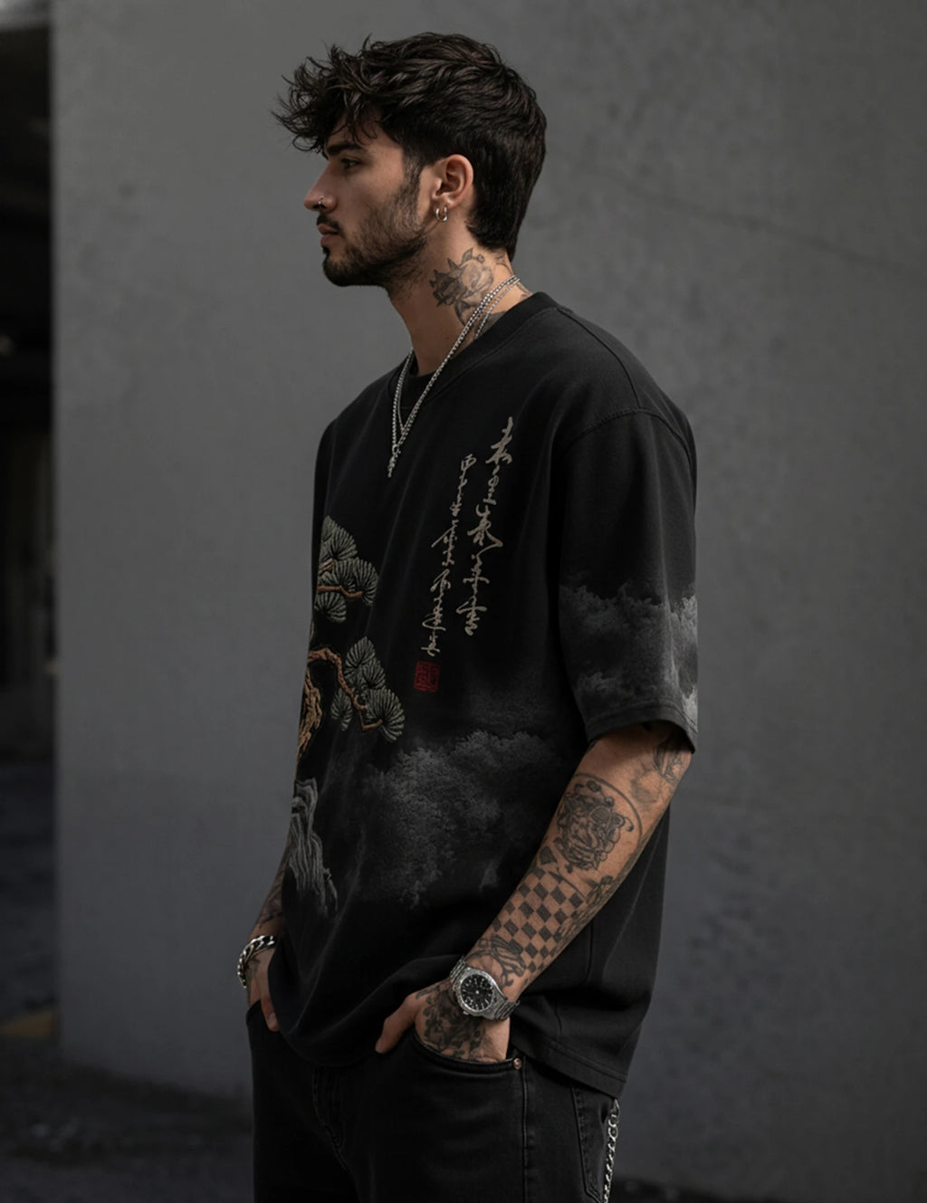 Men Printed Round Neck Cotton Blend Black T-Shirt