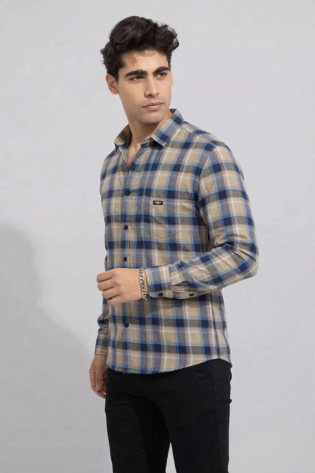 Beige Men Regular Fit Checkered Spread Collar Casual Shirt