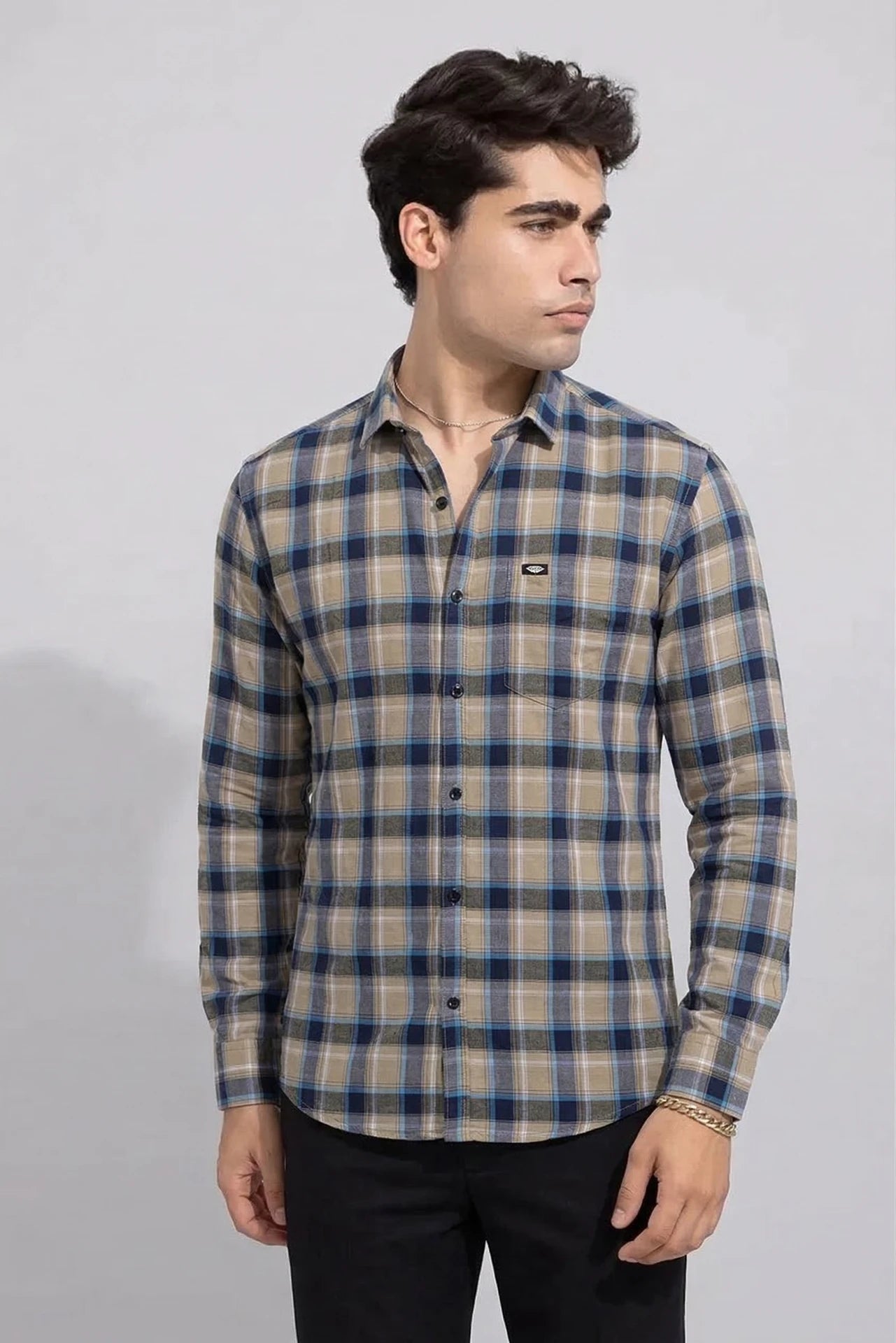 Beige Men Regular Fit Checkered Spread Collar Casual Shirt
