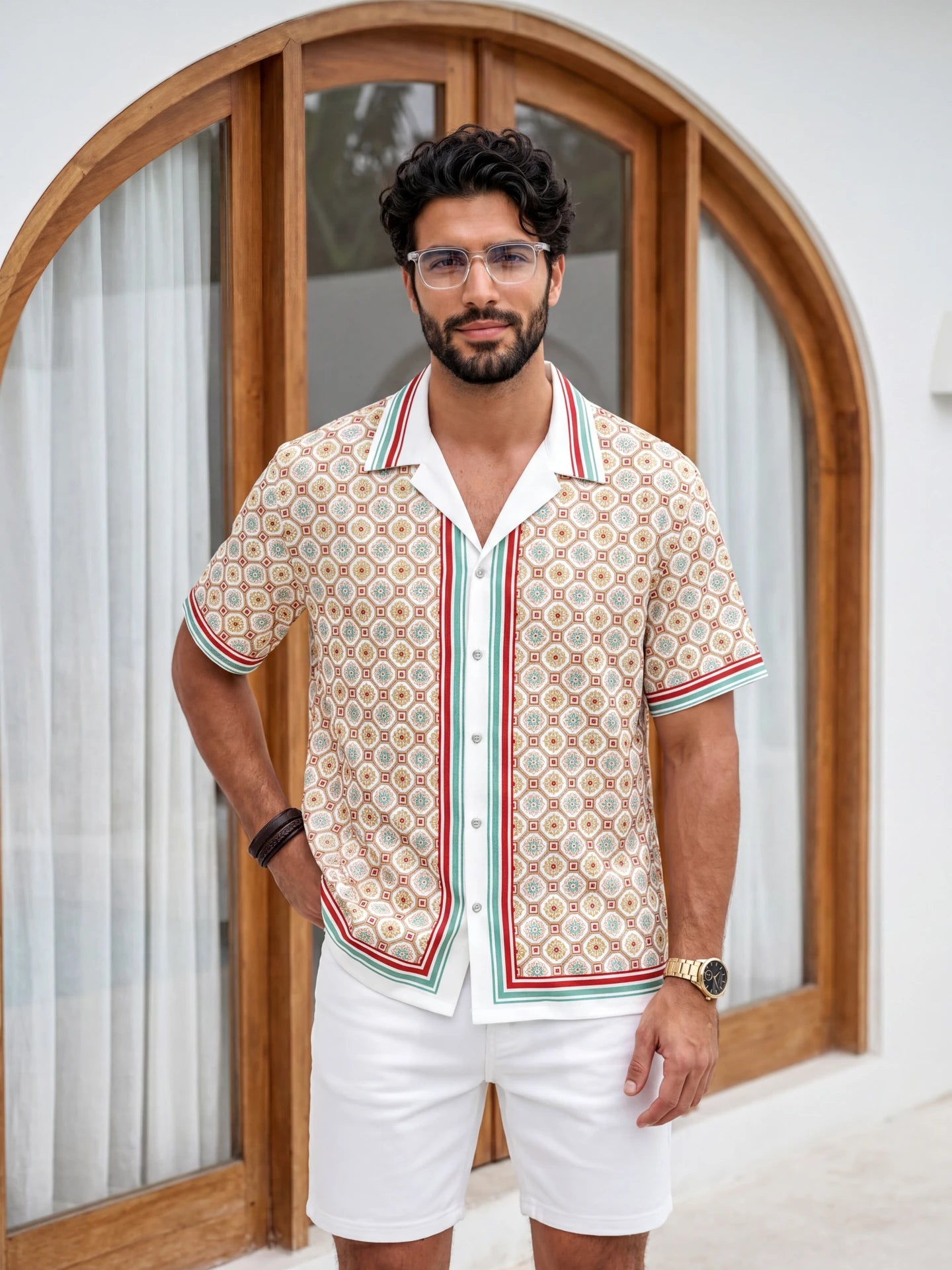 Beige Multi with Green & Red Stripe Accent