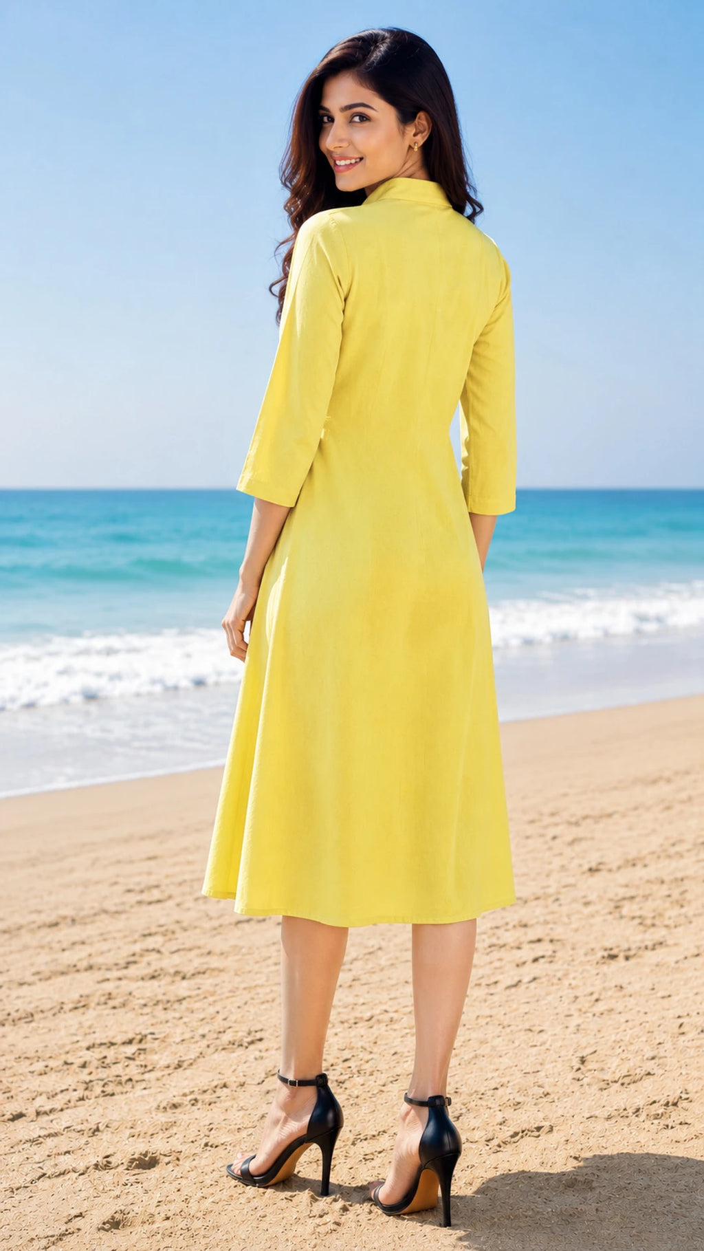 Women A-line Yellow Below Knee Dress