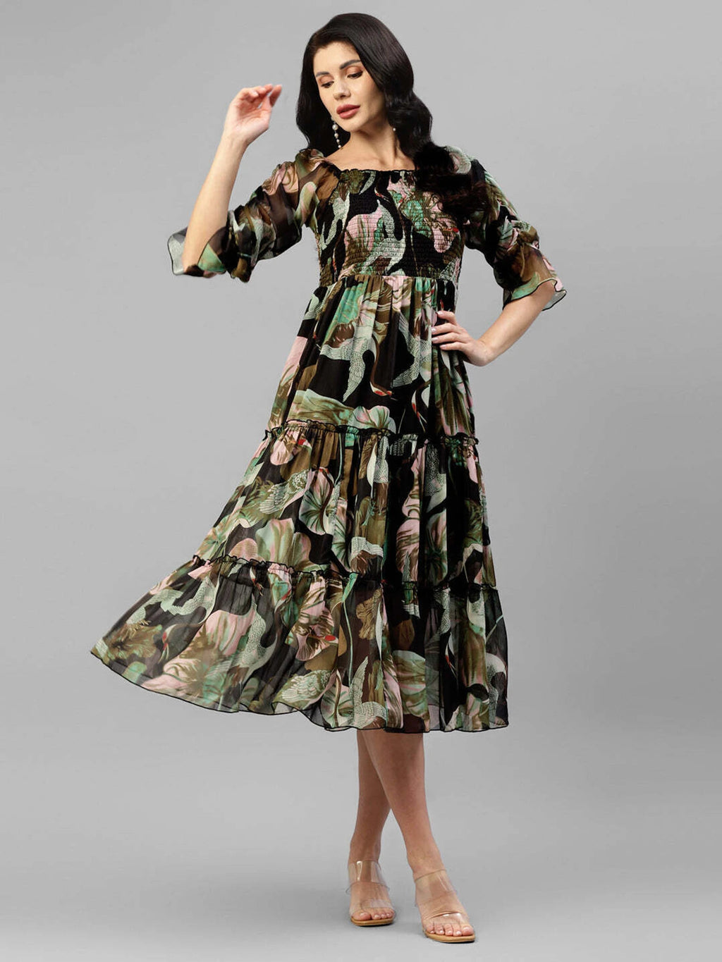 Women Fit and Flare Black Below Knee Dress