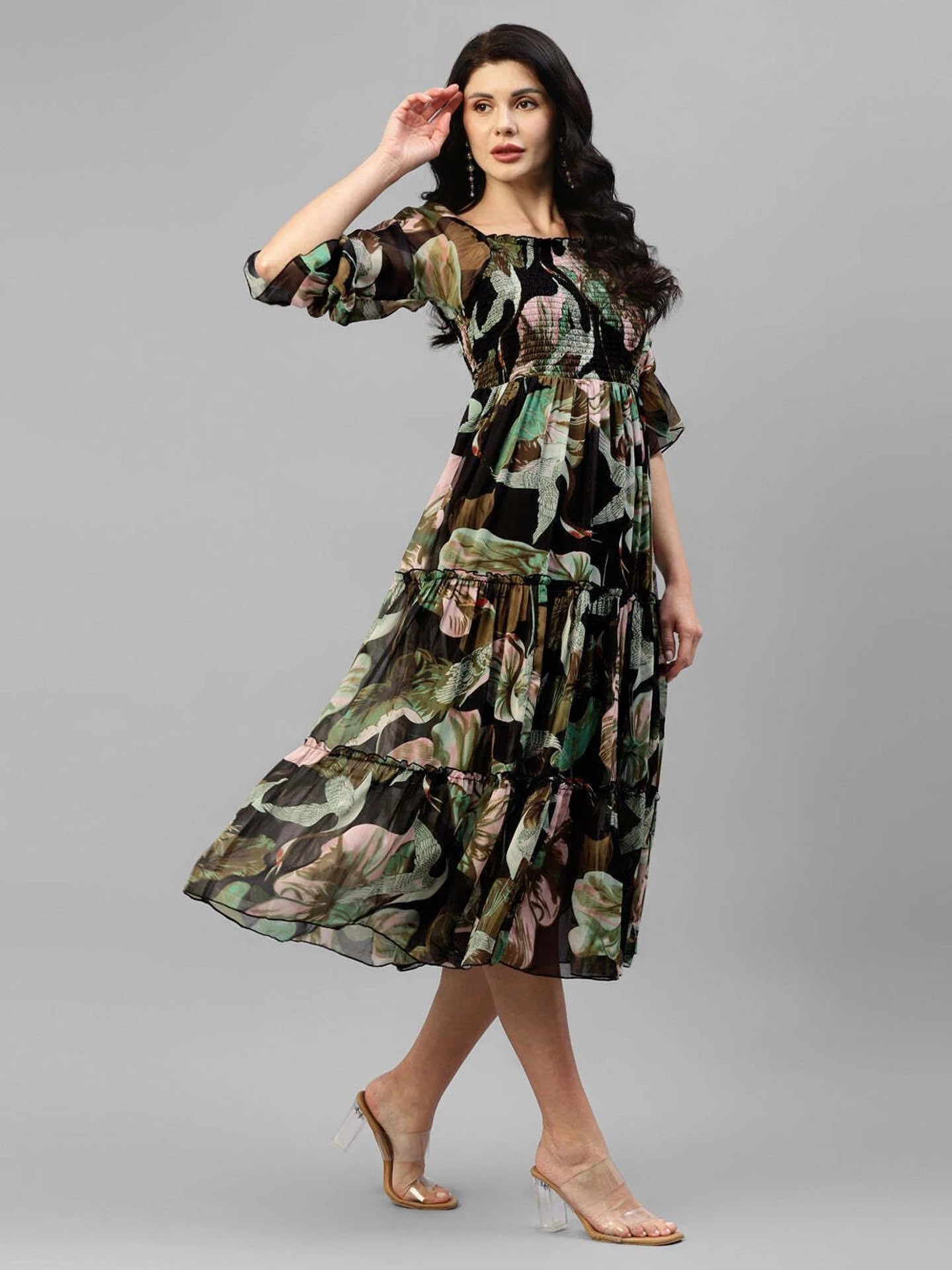 Women Fit and Flare Black Below Knee Dress