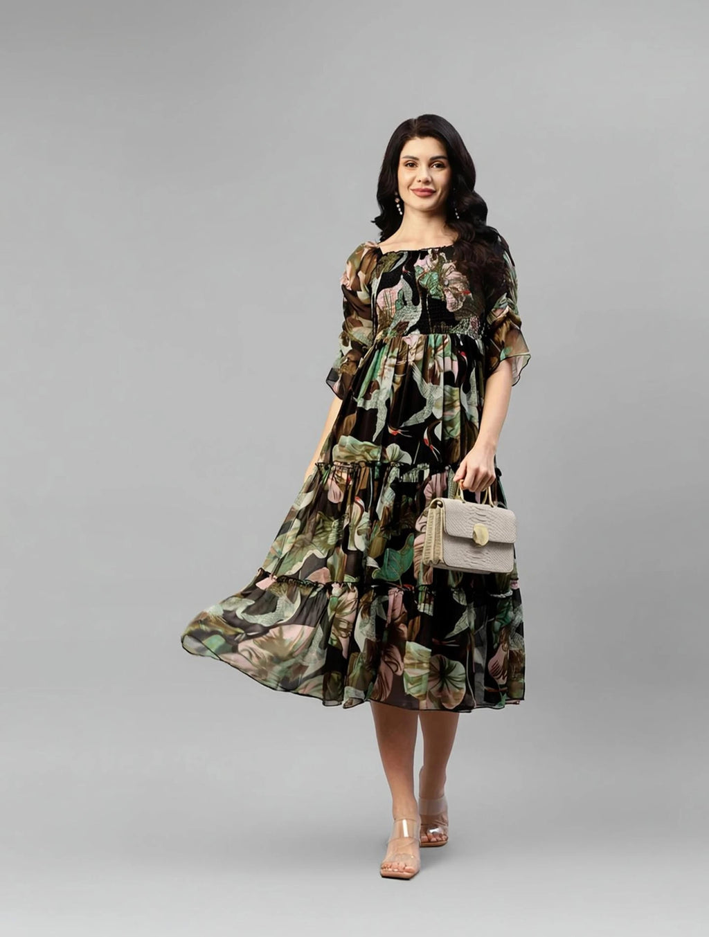 Women Fit and Flare Black Below Knee Dress