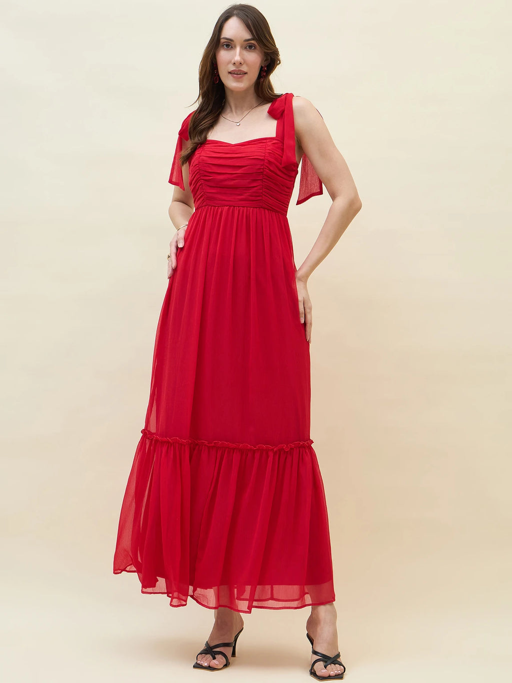 Women Layered Red Maxi Full Length Dress