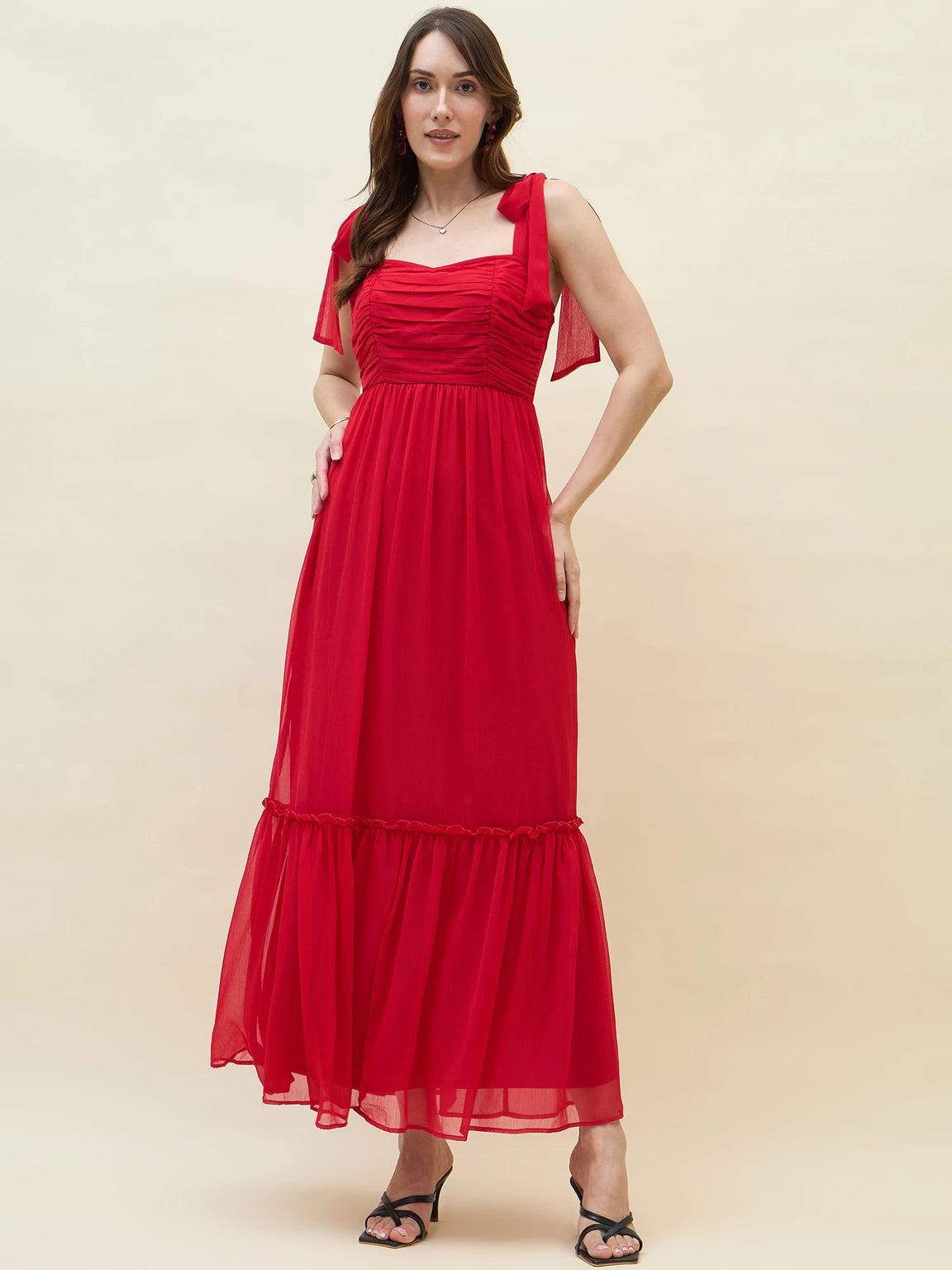 Women Layered Red Maxi Full Length Dress
