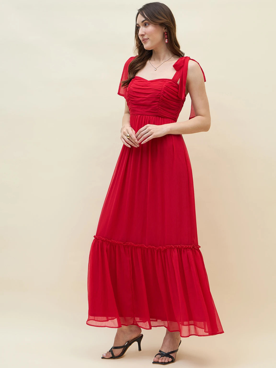 Women Layered Red Maxi Full Length Dress