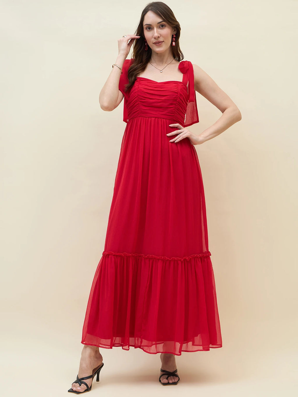 Women Layered Red Maxi Full Length Dress