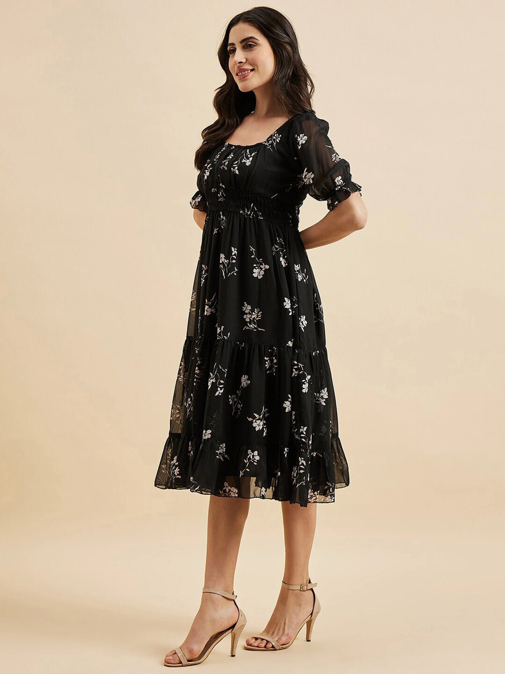 Women Fit and Flare Black Midi/Calf Length Dress