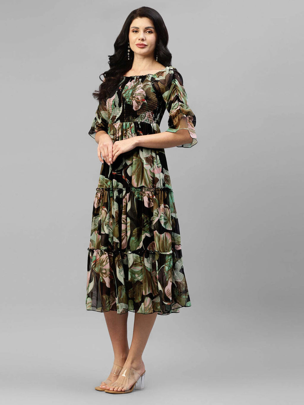Women Fit and Flare Black Below Knee Dress