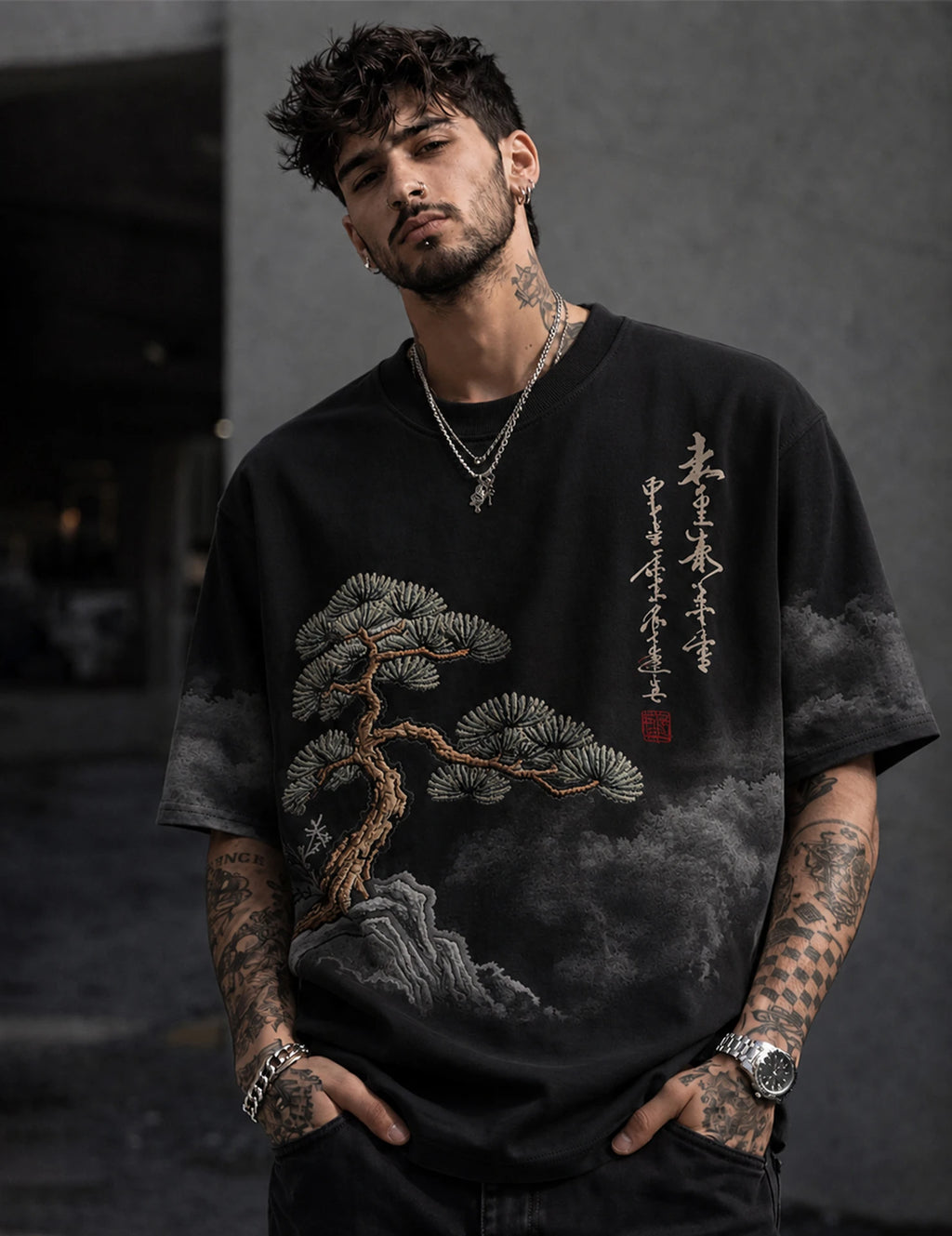 Men Printed Round Neck Cotton Blend Black T-Shirt