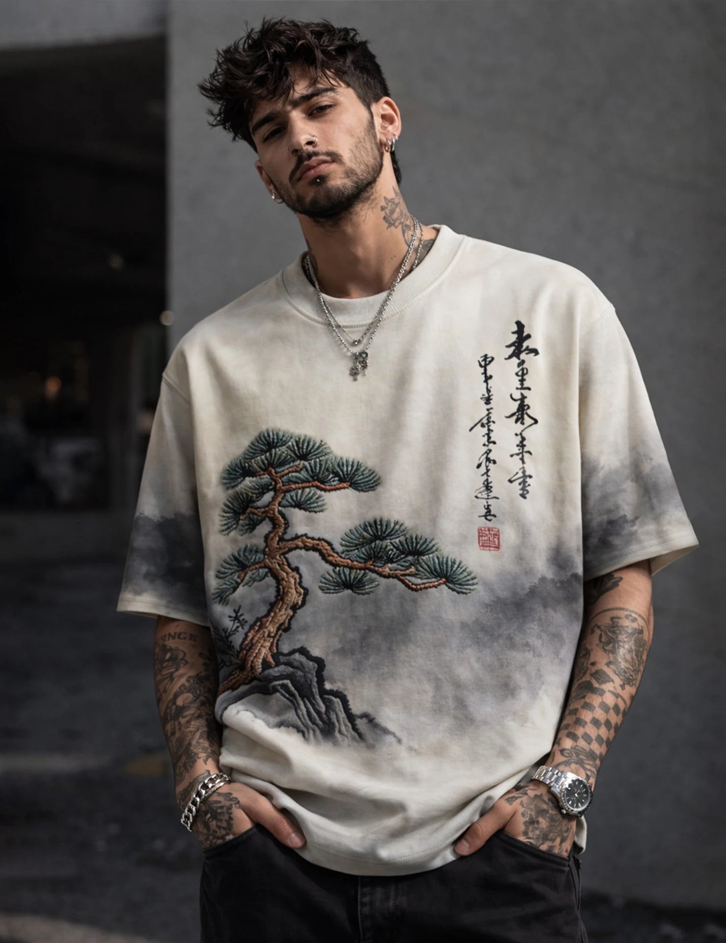 Men Printed Round Neck Cotton Blend White, Dark Green T-Shirt