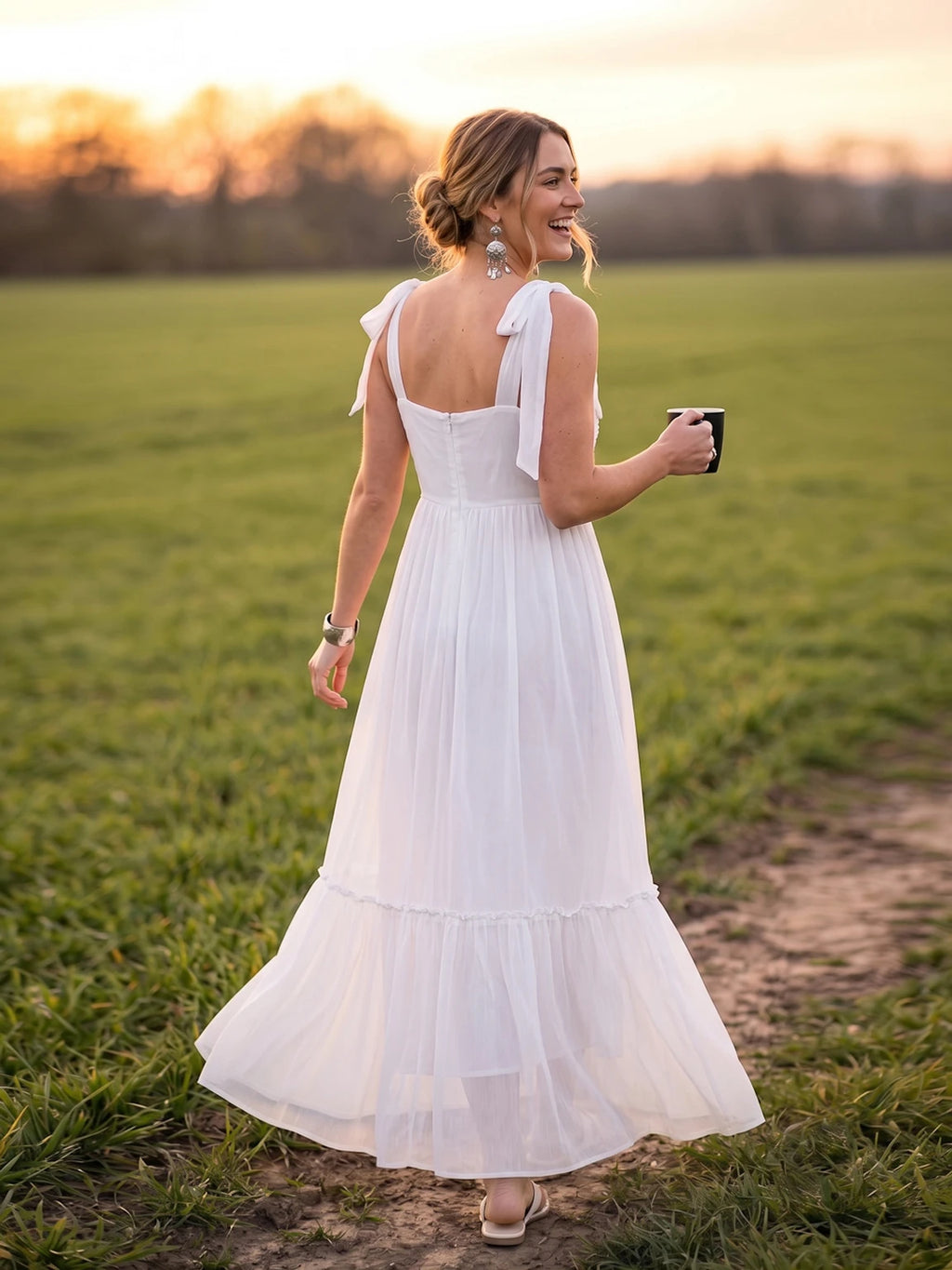 Women Layered White Maxi Full Length Dress