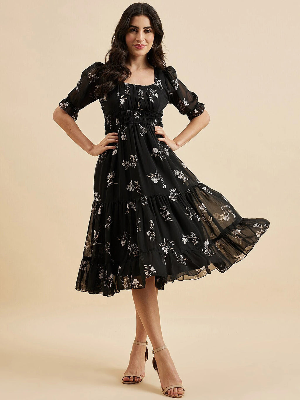 Women Fit and Flare Black Midi/Calf Length Dress