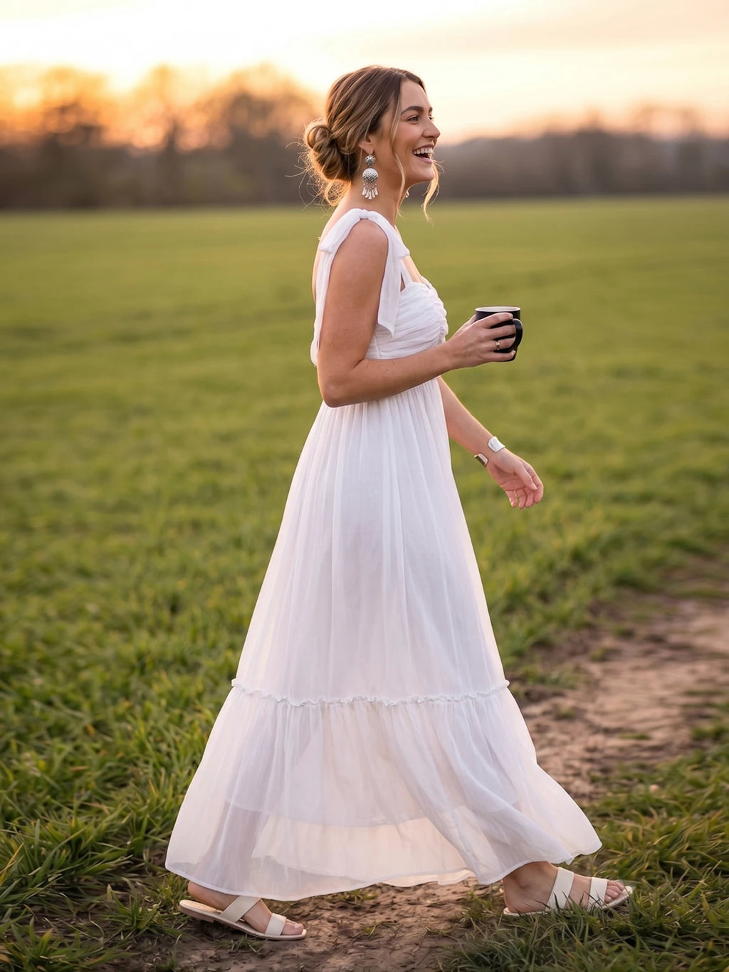 Women Layered White Maxi Full Length Dress