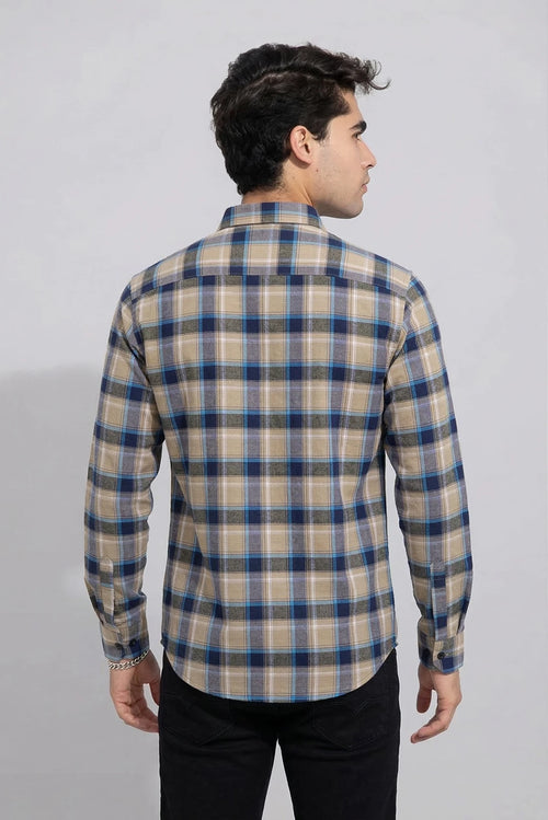 Beige Men Regular Fit Checkered Spread Collar Casual Shirt